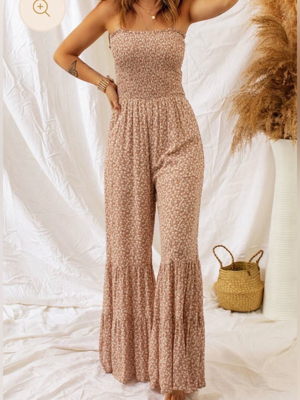 Smocked Bodice Floral Jumpsuit in Khaki/ Orange- Ruffle Wide Leg Adj Thin Straps